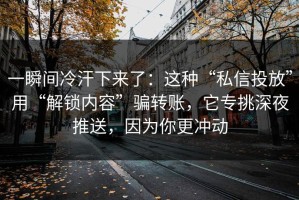 一瞬间冷汗下来了：这种“私信投放”用“解锁内容”骗转账，它专挑深夜推送，因为你更冲动