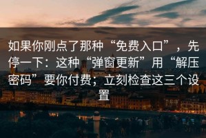 如果你刚点了那种“免费入口”，先停一下：这种“弹窗更新”用“解压密码”要你付费；立刻检查这三个设置