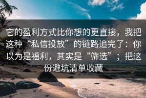 它的盈利方式比你想的更直接，我把这种“私信投放”的链路追完了：你以为是福利，其实是“筛选”；把这份避坑清单收藏