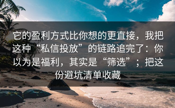 它的盈利方式比你想的更直接，我把这种“私信投放”的链路追完了：你以为是福利，其实是“筛选”；把这份避坑清单收藏